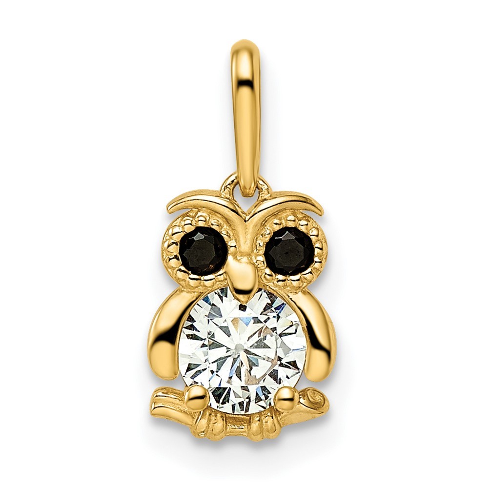 14k Yellow Gold Genuine Children's  Black & White CZ Owl Necklace Charm Pendant